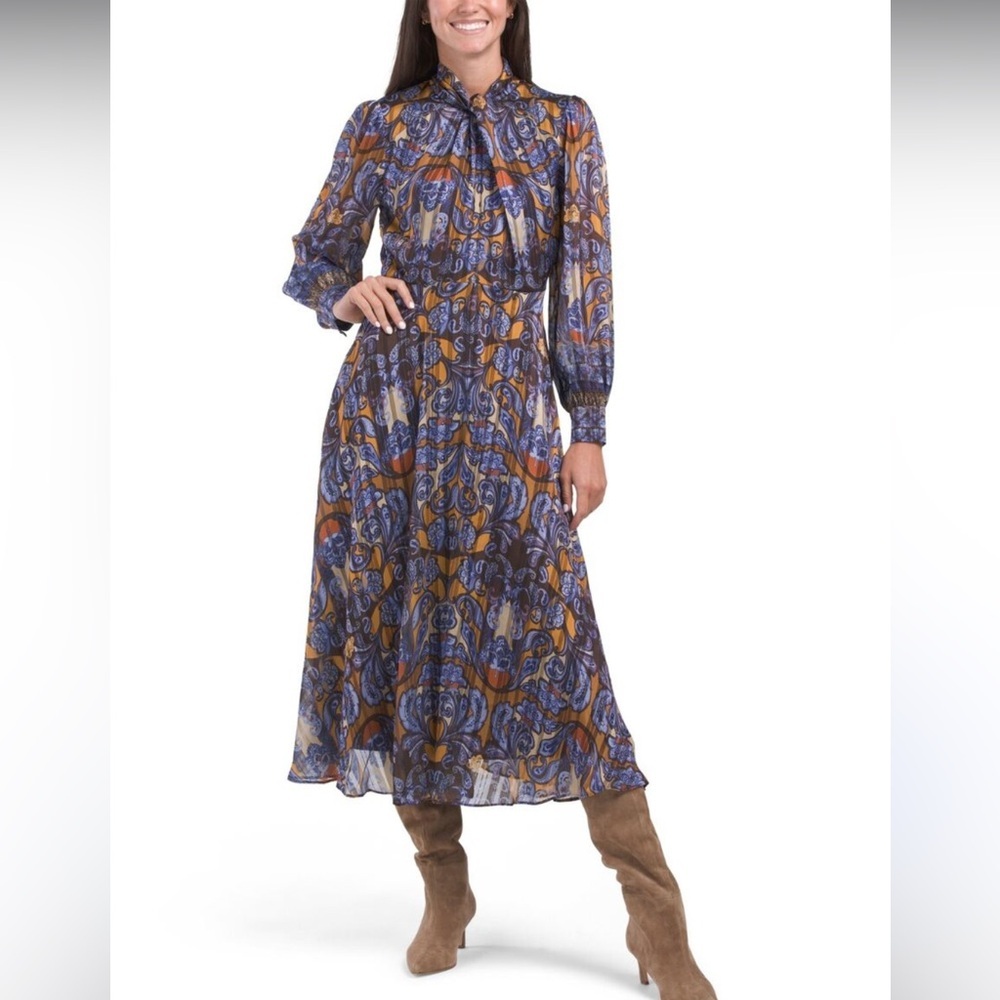 Elie Tahari Twist Neck Paisley Long Sleeve Midi Dress 2‎